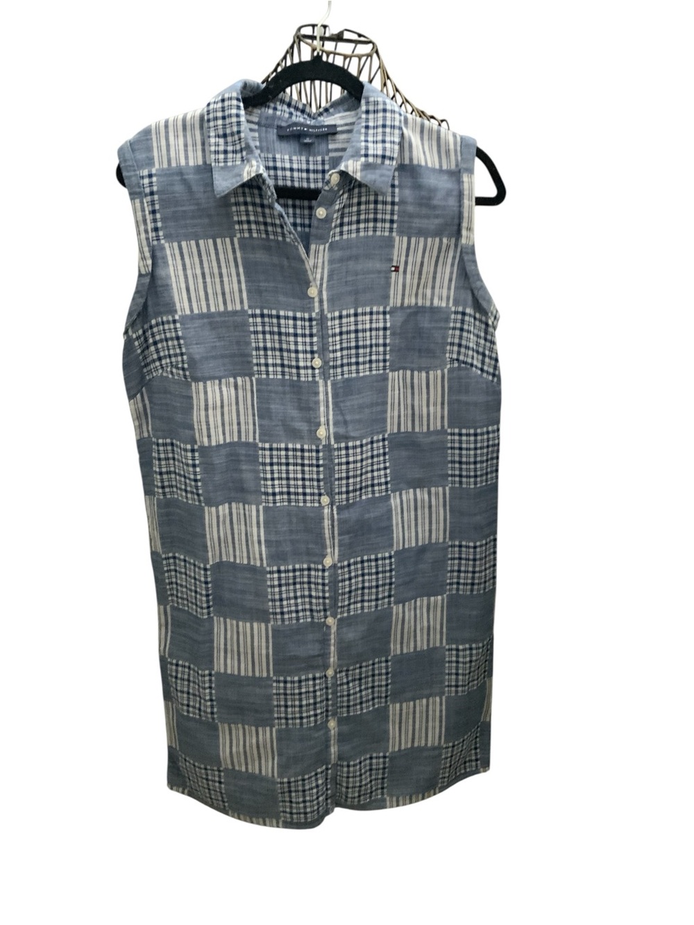 Tommy Hilfiger Blue Patchwork Sleeveless Button-Down Shirt SZ 10